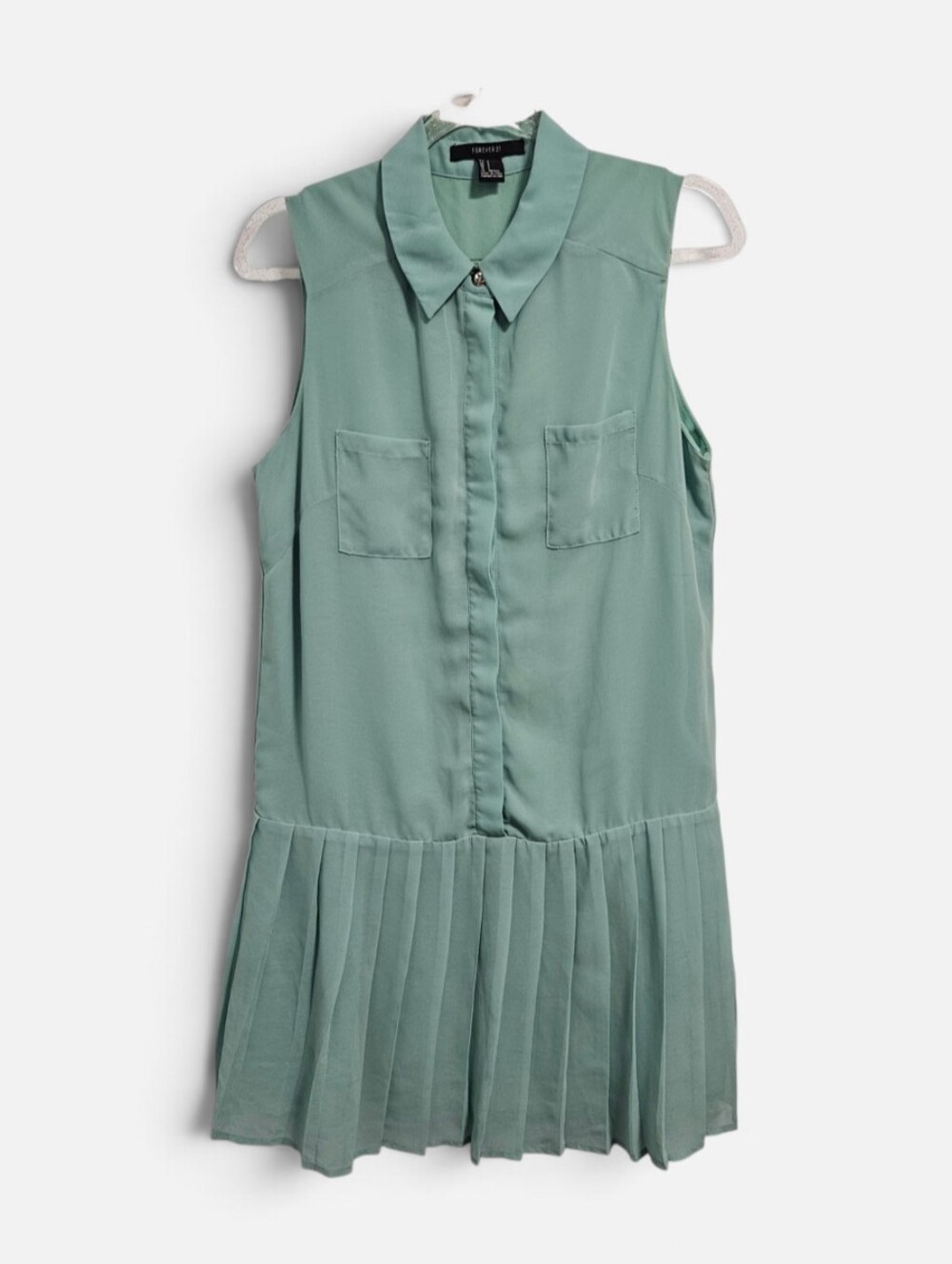 Cottagecore Sage Shirt Dress Pleated Preppy Pockets Forever 21 Sz L